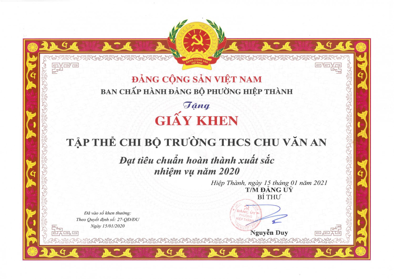 Khen thưởng tập thể và cá nhân Chi bộ trường THCS Chu Văn An năm 2020