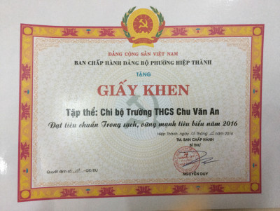 Chi bộ THCS Chu Văn An đạt chi bộ trong sạch vững mạnh tiêu biểu năm 2016